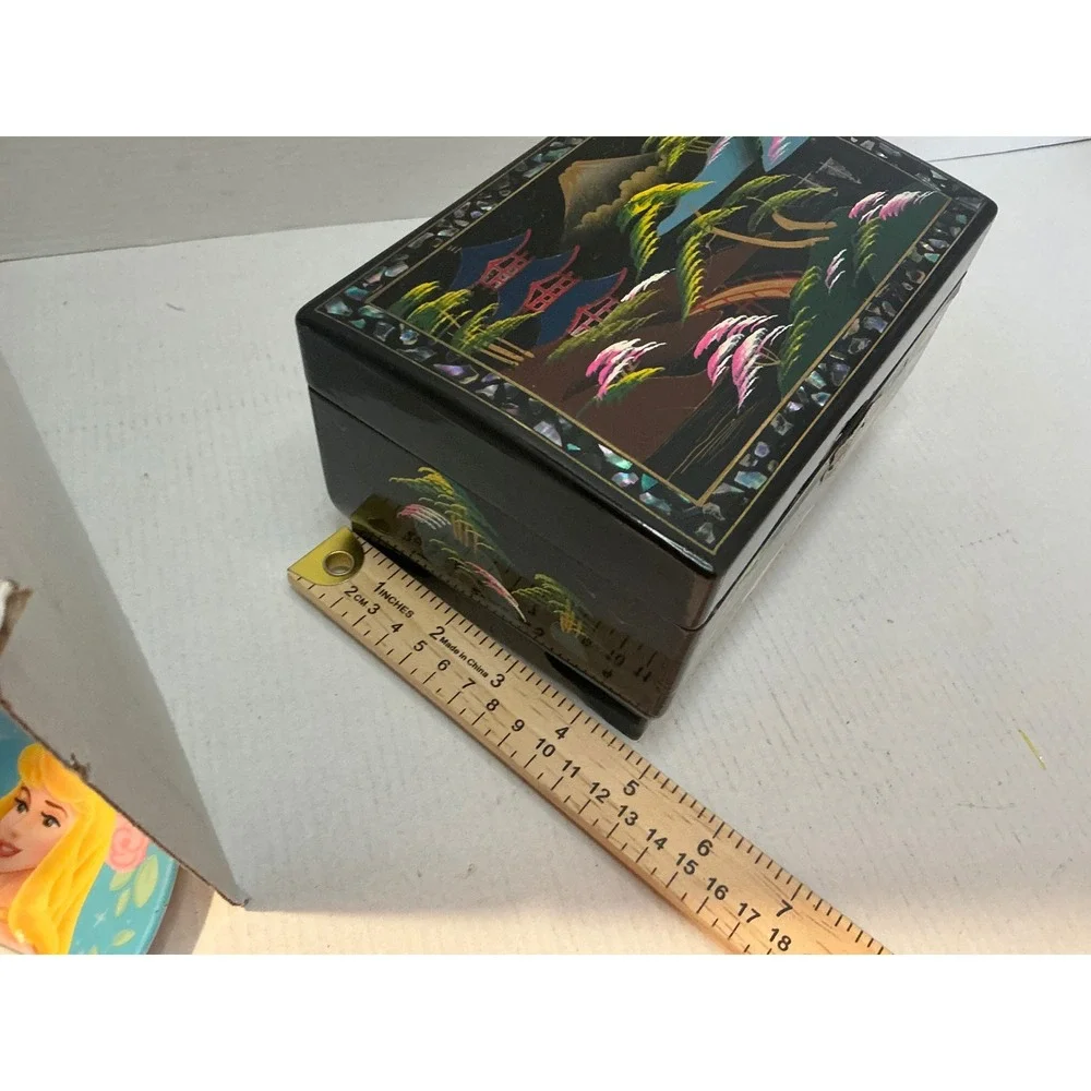 Vintage Japanese Lacquer Jewelry Box Mother of Pearl Inlay Small Black